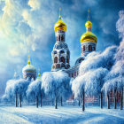 Majestic cathedral with golden domes in winter landscape with wolves