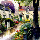 Colorful Watercolor Painting of Quaint House in Rainy Day