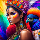 Colorful portrait of woman with feathers and parrot in exotic setting