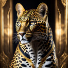 Golden Sheen Leopard in Zipper Jacket Against Art Deco Background