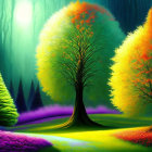 Colorful digital artwork: Magical forest scene with neon grass