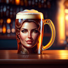 Digital artwork of woman's face on frothy beer mug in bar setting