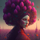 Woman portrait with floral hair in surreal landscape with butterflies