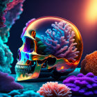 Colorful 3D human skull with coral-like growth on blue background