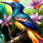 Mythical bird with blue and orange plumage perched on branch amidst colorful flowers