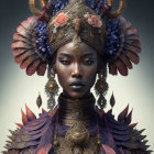 Ornate golden headpiece and jewelry on regal figure with feather details