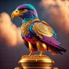 Mechanized eagle digital artwork with purple and gold plumage in steampunk style