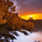 Tranquil sunset over cascading waterfall and autumn landscape