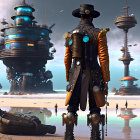 Steampunk outfit with hat and goggles on sandy beach with futuristic towers and flying ships.