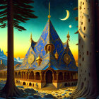 Ornate crescent-moon palace in fantasy landscape at night