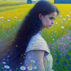 Girl with long hair in vibrant field with daisies and houses in background