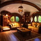 Round window, arched ceiling, wooden furniture in a cozy hobbit-style living room