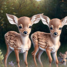 Three cute fawns in lush greenery with big eyes and spotted coats.