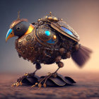 Mechanical bird with gears and metallic feathers on object in warm background