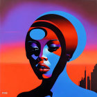 Stylized portrait of a woman with blue and orange hues in surreal cityscape setting