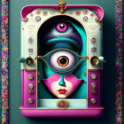 Surreal image with eye, nose, and mouth in ornate frame