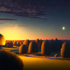 Tranquil twilight landscape with crescent moon and glowing horizon