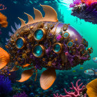 Colorful Steampunk Fish Artwork with Coral Reefs