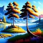 Scenic landscape painting with pine trees, lake, greenery, foliage, and snowy mountains