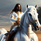 Digital painting of bearded man in white and gold attire on white horse under dramatic sky