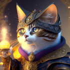 Majestic cat in golden armor and cloak with magical lantern and butterflies