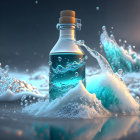 Sealed Glass Bottle with Turquoise Liquid in Ocean Waves