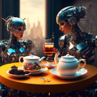 Detailed robots serving tea in futuristic cityscape