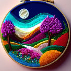 Colorful Landscape Embroidery Art in Hoop: Hills, Trees, Moon