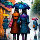 Vibrant rainy street scene with people walking under colorful umbrellas