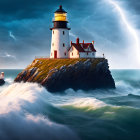 Stormy seascape: lighthouse on rocky island amid crashing waves and lightning