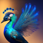 Colorful Peacock with Blue and Green Plumage on Orange Background