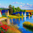 Colorful Rural Landscape with River, Houses, and Flora