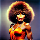 Vintage-inspired glamorous look with voluminous hair, dramatic makeup, and bright orange outfit.