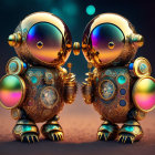 Ornate robotic figures holding hands against colorful backdrop