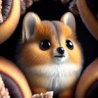 Wide-eyed fox surrounded by pine cones in curious pose