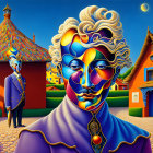 Surrealist painting of blue-faced figure in purple suit among colorful buildings