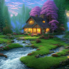 Tranquil woodland landscape with storybook cottages, vibrant trees, and glowing windows at twilight