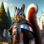 Medieval armor-clad squirrel in fairytale forest with castle view