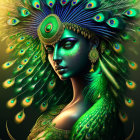 Digital art: Woman with peacock features, vibrant feathers, green skin.