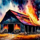 Barn on fire watercolor illustration at dusk