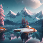 Snow-covered mountains, lake reflections, cabin, pine trees, pink sky landscape