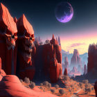 Fantastical landscape with skull-shaped rocks, large moon, and flying creature in reddish terrain.