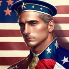 Illustration of stern man in military uniform with American flag background