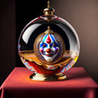 Colorful jester face design on ornate glass perfume bottle