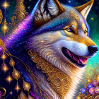 Fantastical wolf with golden embellishments under starry sky