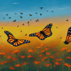 Monarch butterflies flutter above orange flowers at sunset.