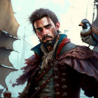 Bearded man in pirate attire with scar, bird, and ships in background