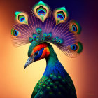 Colorful Peacock Displaying Iridescent Plumage on Gradient Orange Background