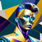 Colorful digital artwork: Male figure with blue hair and golden geometric patterns on face against multicolored