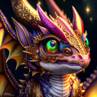 Detailed Dragon Head Illustration with Golden Horns and Green Eyes